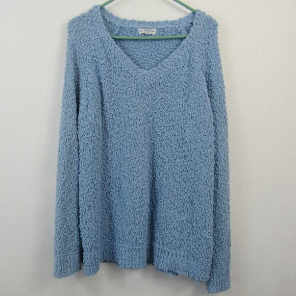 Macaron Large Light Blue Fuzzy Popcorn Knit Sweater Women's Pullover V Neck - Picture 1 of 6